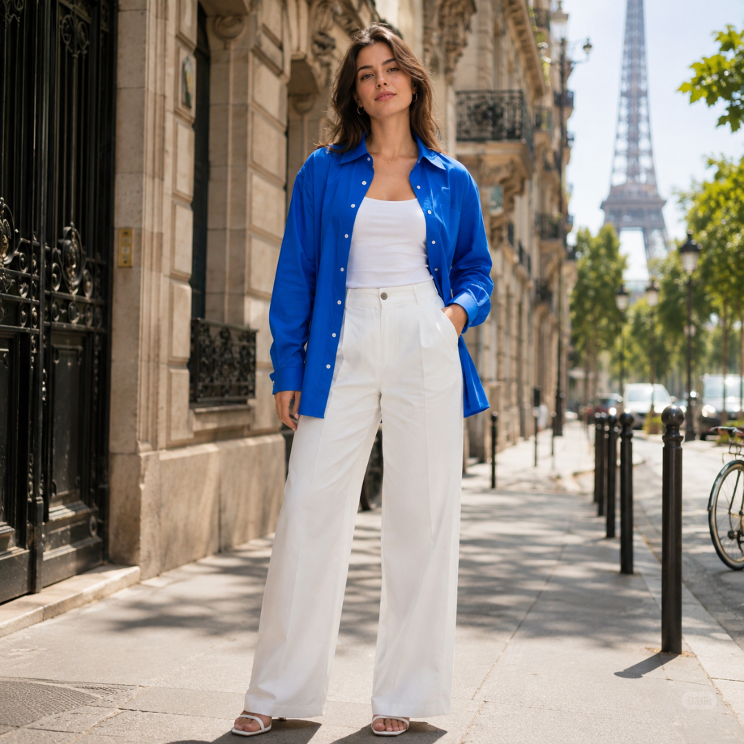 Camicia donna blu oversize aperta con bottoni chiari, indossata su pantaloni bianchi ampi