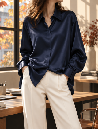 Camicia donna blu navy effetto satinato con colletto aperto e polsini abbottonati