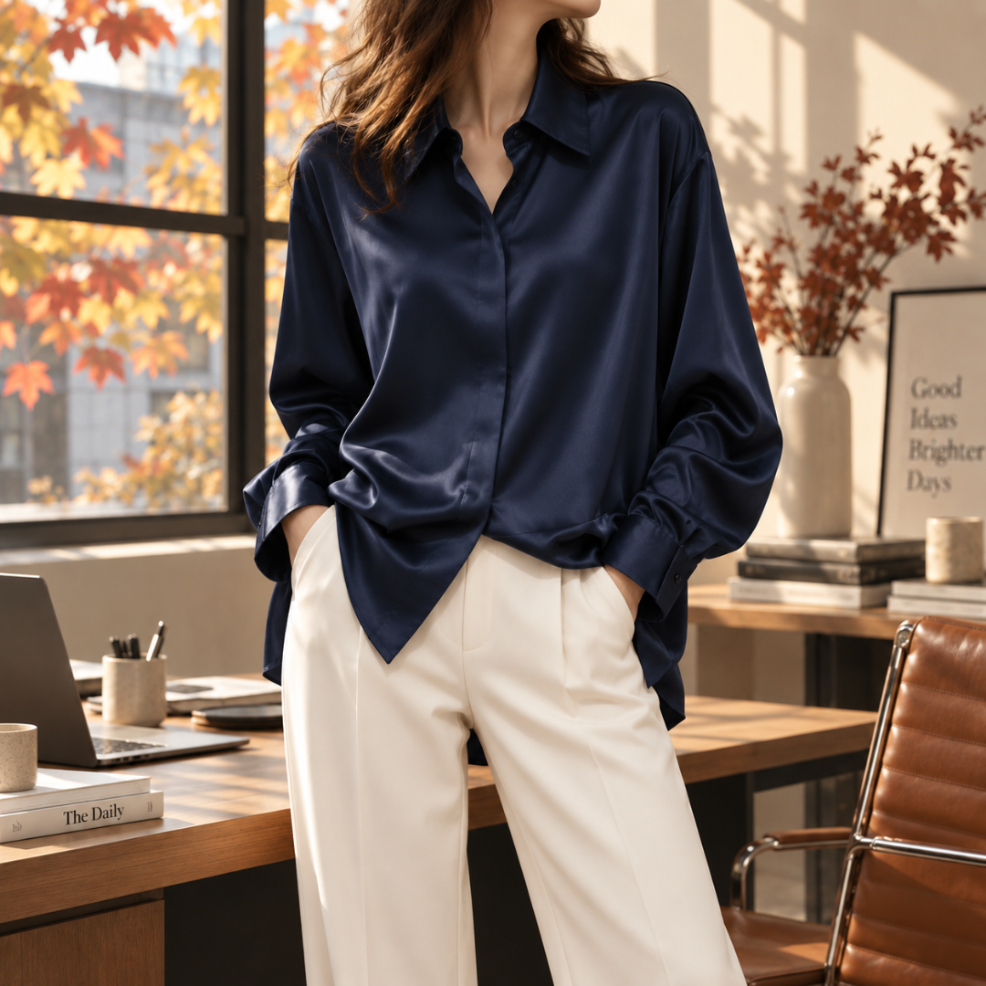 Camicia donna blu navy effetto satinato con colletto aperto e polsini abbottonati