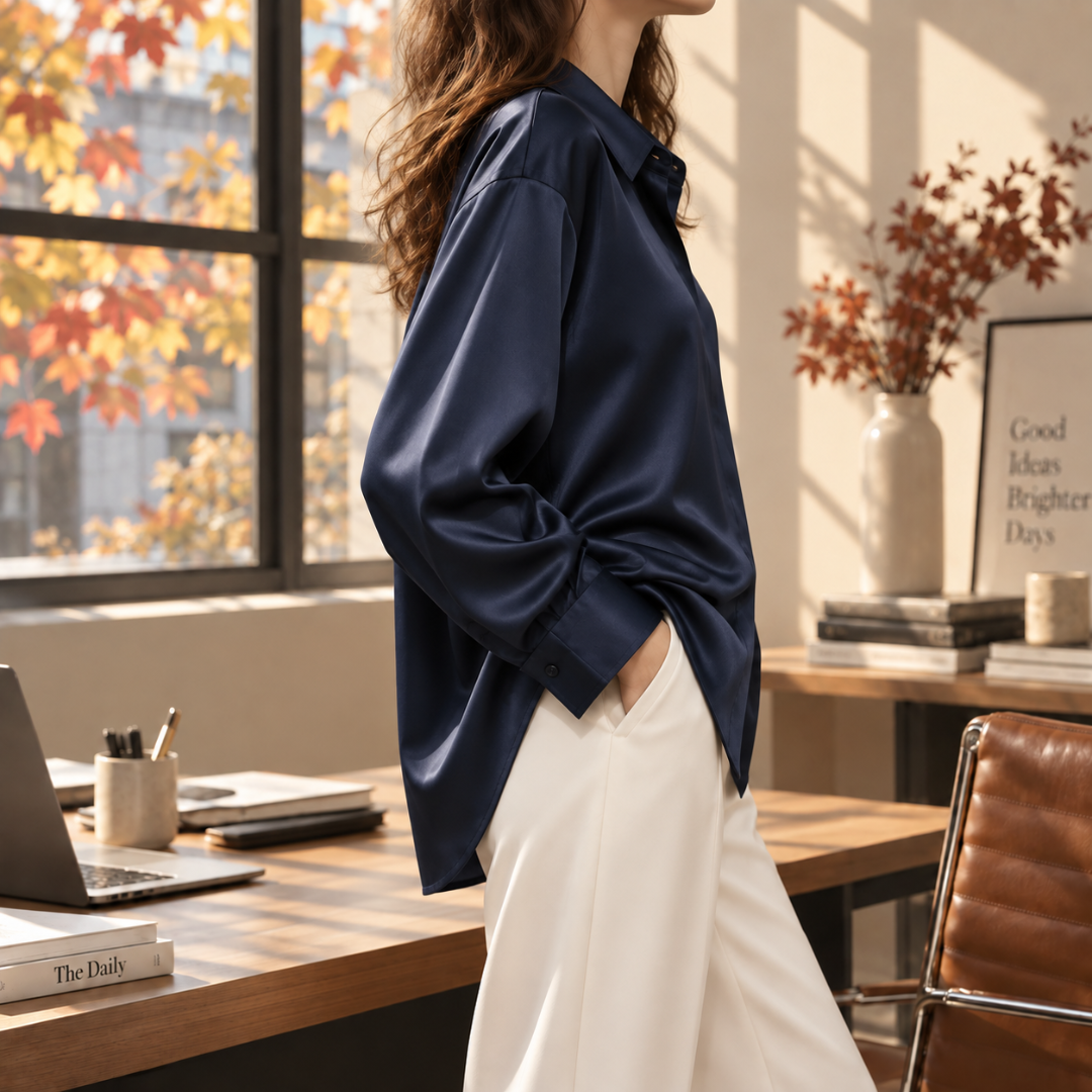 Vista laterale della camicia blu navy con manica lunga e polsino abbottonato