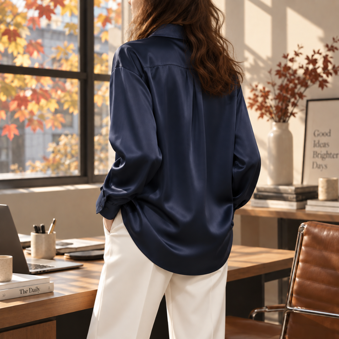 Retro della camicia donna blu navy con orlo arrotondato e spalle scese