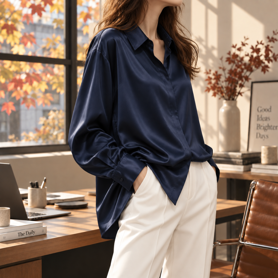 Camicia blu navy indossata con pantaloni chiari, dettaglio del colletto a punta