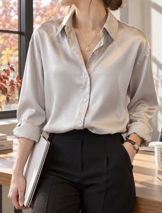 Camicia champagne albicocca effetto satinato con maniche arrotolate e colletto aperto