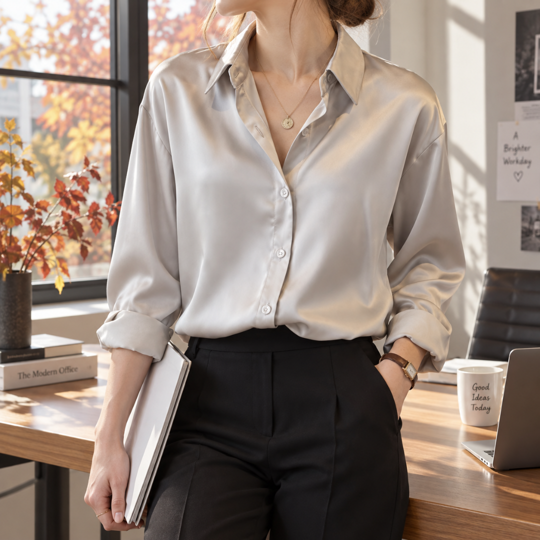 Camicia champagne albicocca effetto satinato con maniche arrotolate e colletto aperto