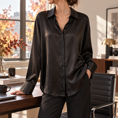 Camicia donna nera effetto satinato con colletto classico e bottoni in tinta