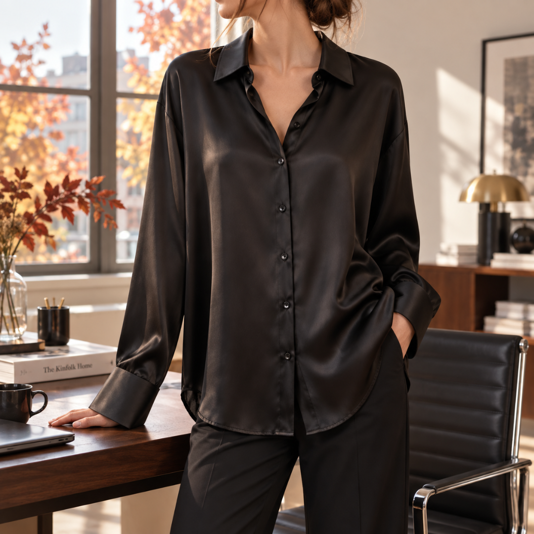 Camicia donna nera effetto satinato con colletto classico e bottoni in tinta