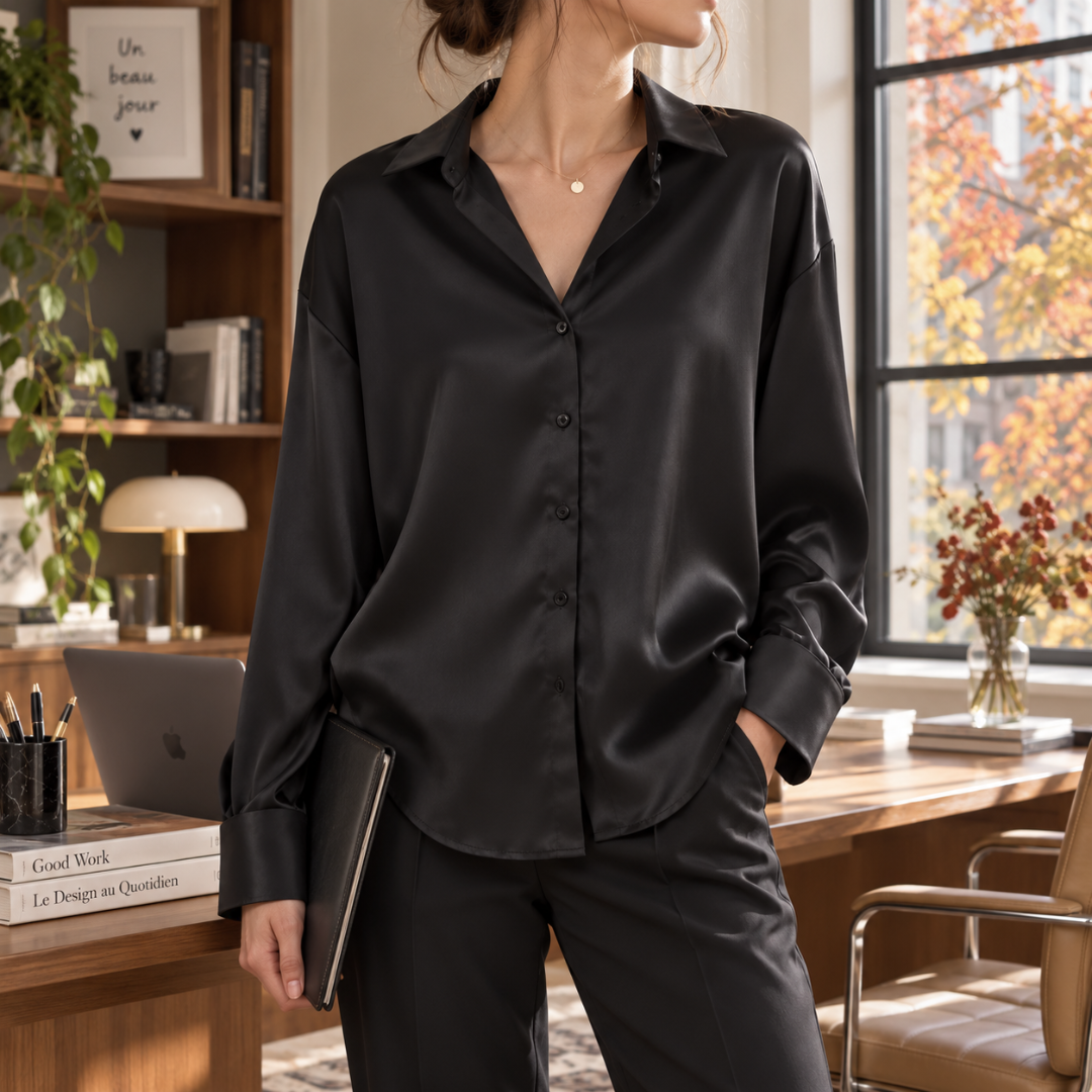 Camicia nera con polsini abbottonati e orlo arrotondato, indossata con pantaloni neri