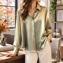 Camicia donna oro verde cangiante con colletto a punta e polsini profondi