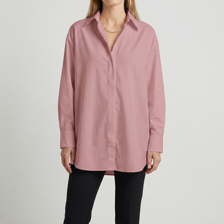 Camicia donna rosa antico dalla linea ampia con maniche lunghe e polsini larghi
