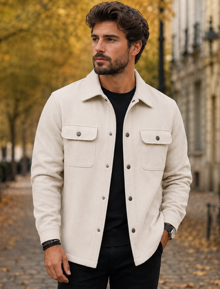 Camicia giacca uomo beige con colletto classico e bottoni a pressione frontali