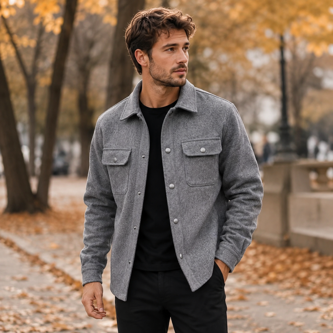 Camicia giacca uomo grigia aperta, due tasche con patta e colletto classico