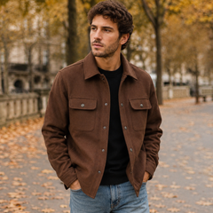Camicia giacca uomo marrone scuro con bottoni a pressione e tasche sul petto