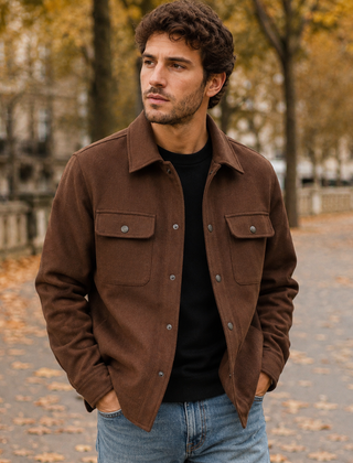 Camicia giacca uomo marrone scuro con bottoni a pressione e tasche sul petto