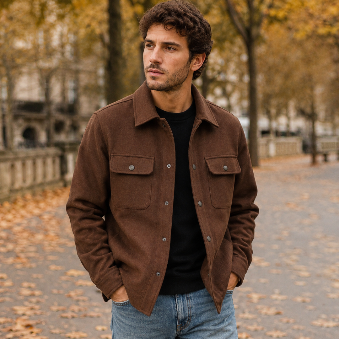 Camicia giacca uomo marrone scuro con bottoni a pressione e tasche sul petto