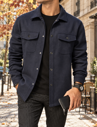 Camicia giacca uomo blu navy con taschini con patta e maniche lunghe