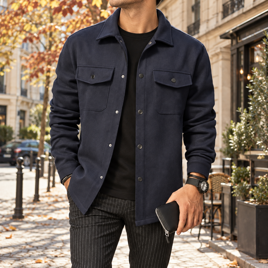 Camicia giacca uomo blu navy con taschini con patta e maniche lunghe