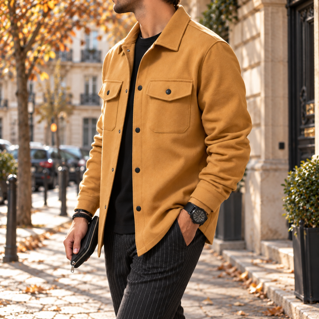 Vista laterale della camicia giacca uomo gialla con colletto a camicia e taschini