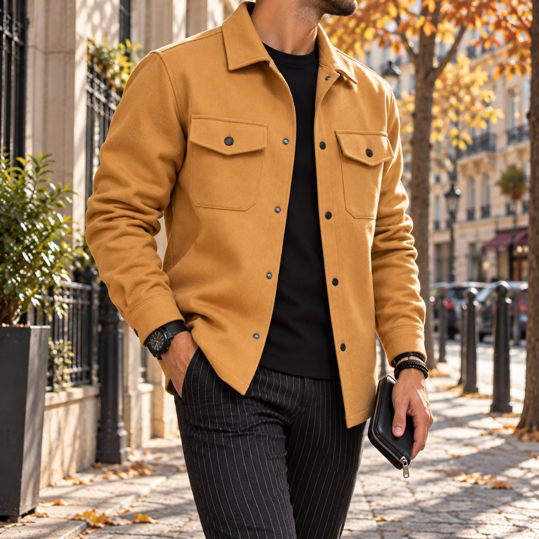 Camicia giacca uomo gialla aperta su t-shirt nera e pantaloni gessati
