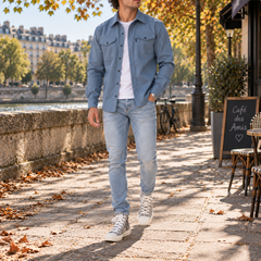 Camicia giacca uomo azzurra aperta con taschini con patta su t-shirt bianca