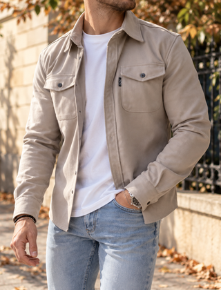 Camicia giacca beige da uomo indossata aperta con colletto a punta