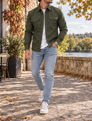 Camicia giacca verde militare da uomo con taschini con patta abbottonata