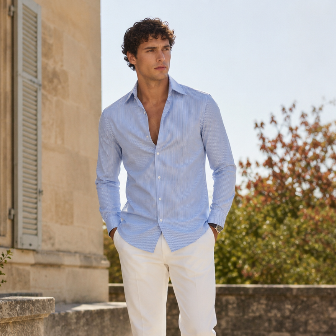 Camicia uomo blu a righe verticali con bottoni bianchi e fondo arrotondato