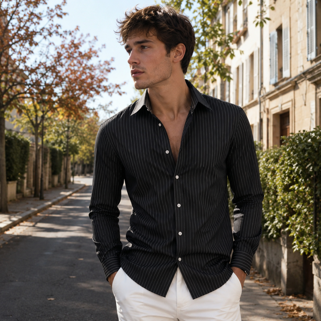 Camicia uomo nera a righe verticali bianche con collo classico e maniche lunghe