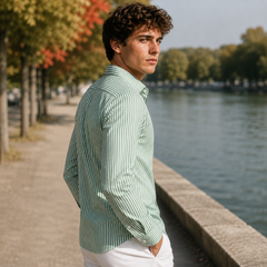 Vista laterale della camicia uomo verde a righe con maniche lunghe e spalle lisce