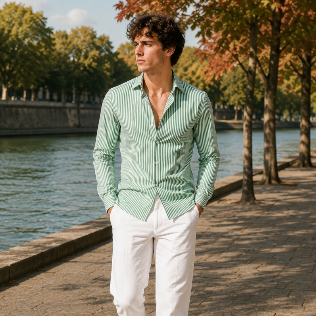 Camicia uomo a righe verdi abbinata a pantaloni bianchi, chiusura con bottoni