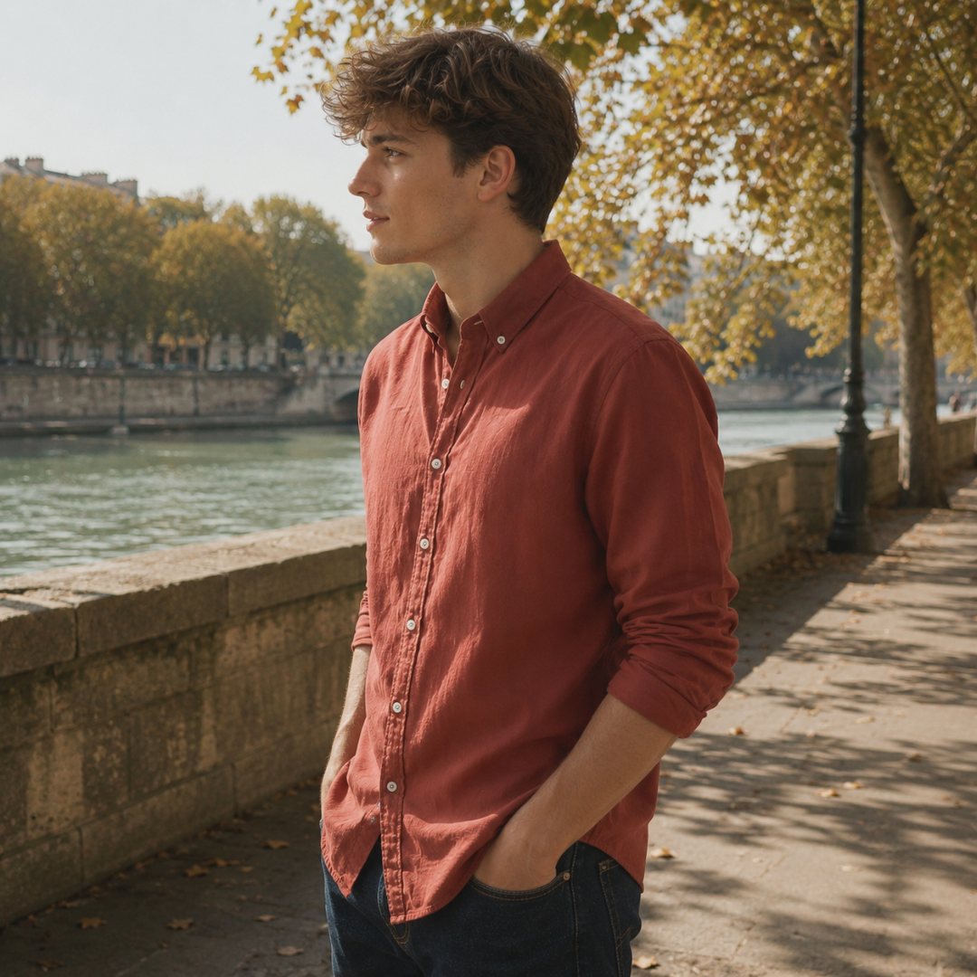 Vista laterale della camicia uomo rossa con collo button down e maniche lunghe