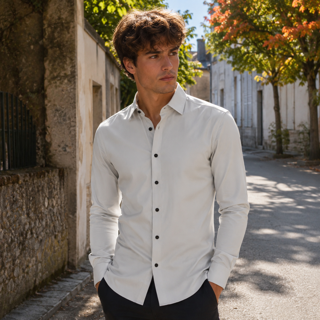Camicia uomo beige chiaro con abbottonatura frontale completa e orlo arrotondato