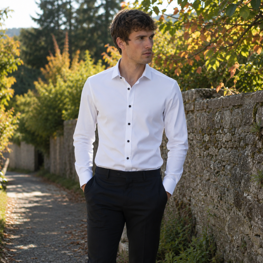 Camicia uomo bianca con bottoni neri a contrasto e pantaloni scuri