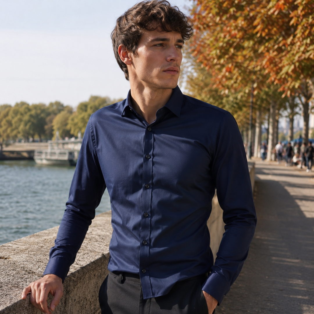 Camicia uomo blu navy con collo classico e abbottonatura frontale completa