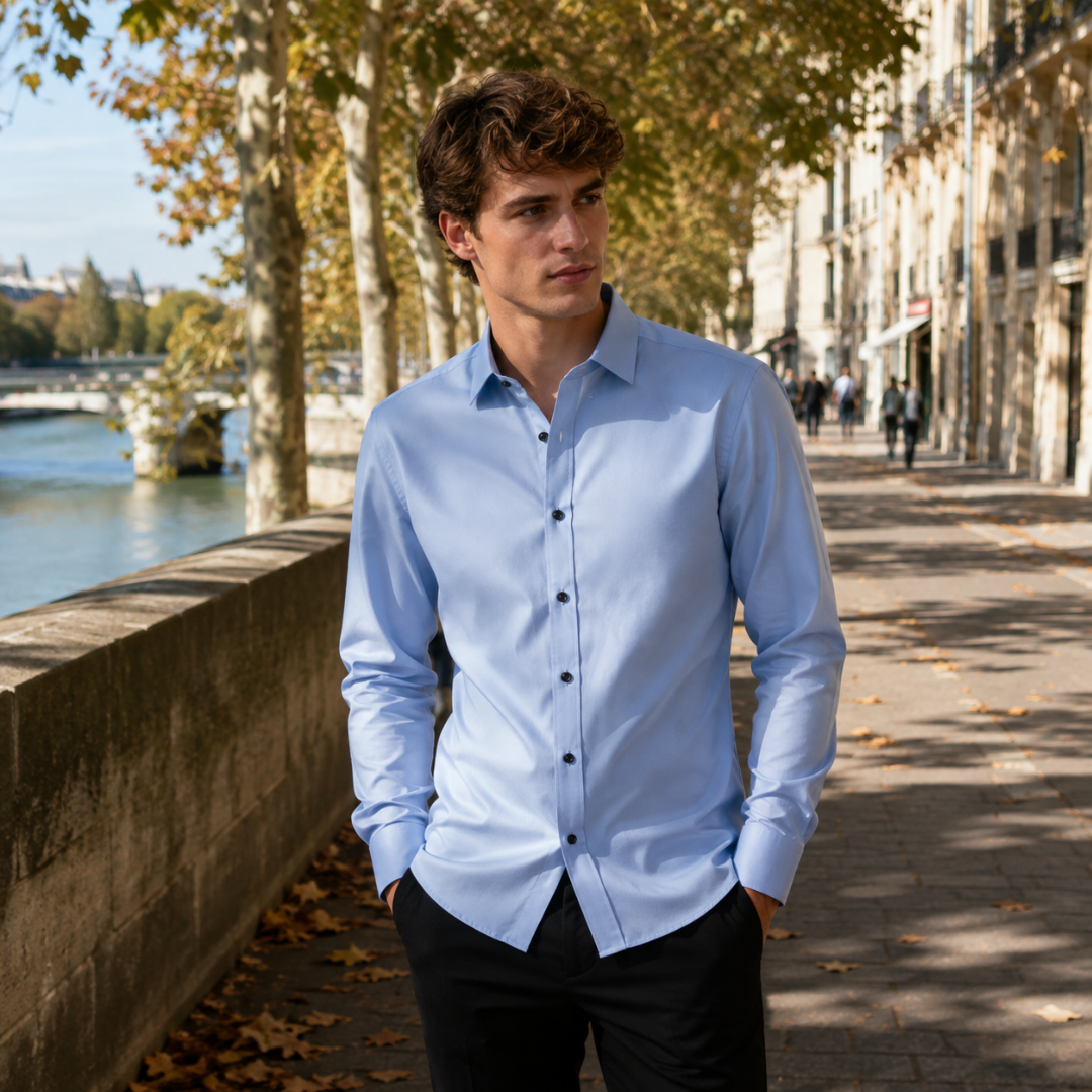 Camicia uomo blu nebbia con collo a punte aperte e polsini abbottonati