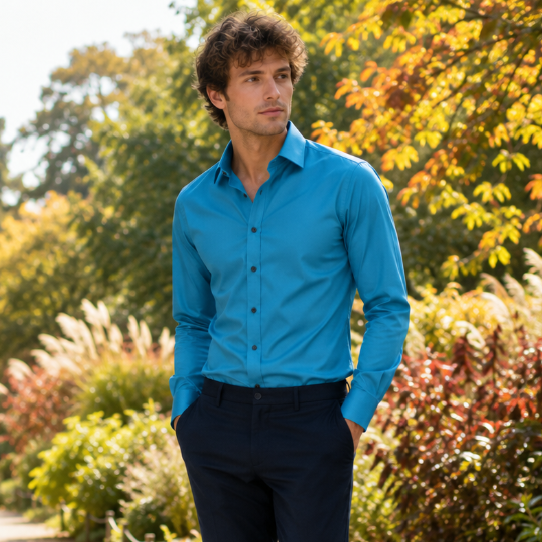 Camicia uomo blu pavone in tinta unita con collo classico a punte