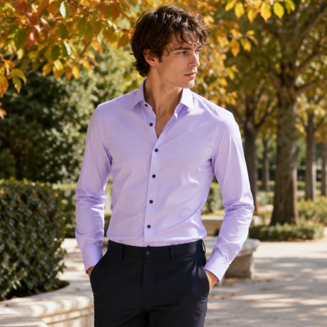 Camicia uomo glicine con collo classico, maniche lunghe e pantaloni blu scuro