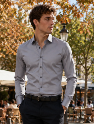 Camicia uomo grigia con abbottonatura frontale completa e cintura scura in vita