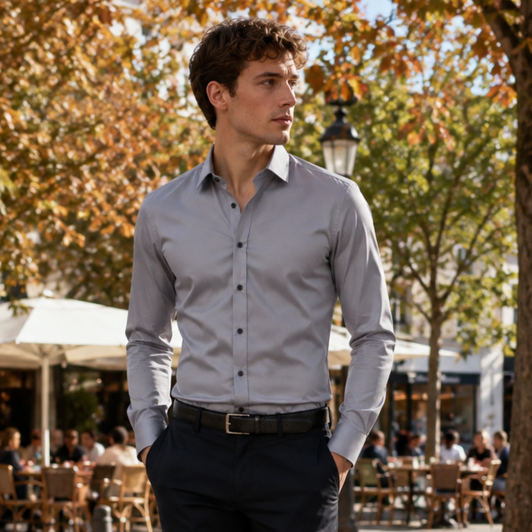 Camicia uomo grigia con abbottonatura frontale completa e cintura scura in vita