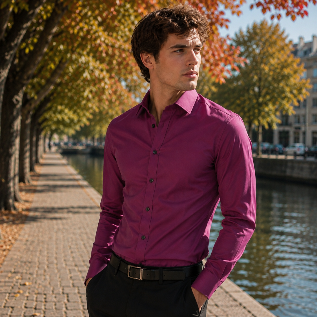 Uomo con camicia magenta a maniche lunghe e collo classico a punte