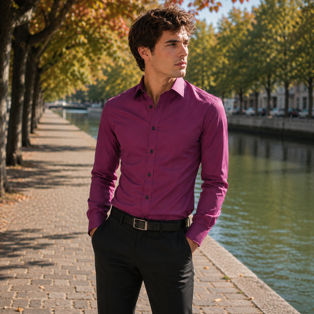 Camicia uomo magenta in tinta unita con abbottonatura frontale completa e cintura nera