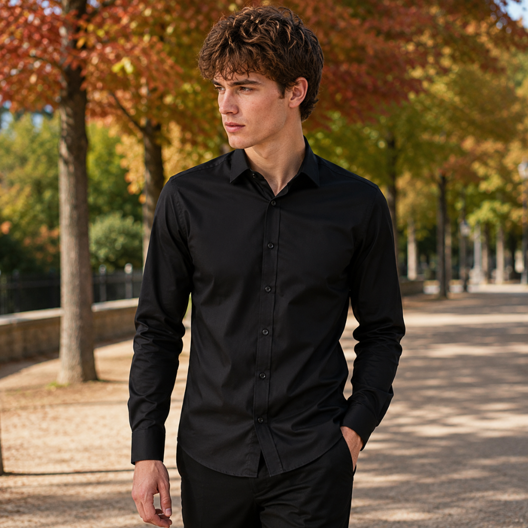 Camicia uomo nera in tinta unita con collo a punte e maniche lunghe