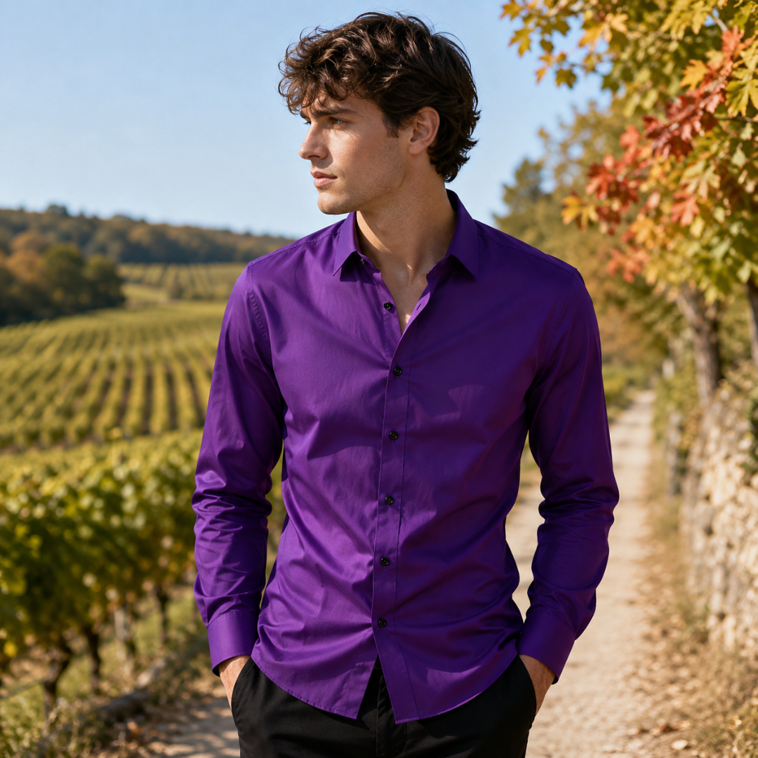 Camicia uomo viola in tinta unita con maniche lunghe e orlo arrotondato