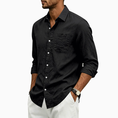 Camicia uomo nera con bottoni a contrasto bianchi e taschino sul petto