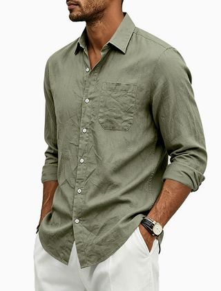 Camicia uomo verde militare con taschino sul petto e maniche arrotolate