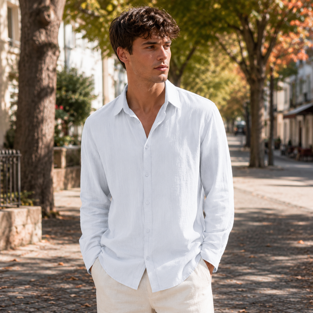 Camicia uomo bianca increspata con colletto a punte e bottoni tono su tono