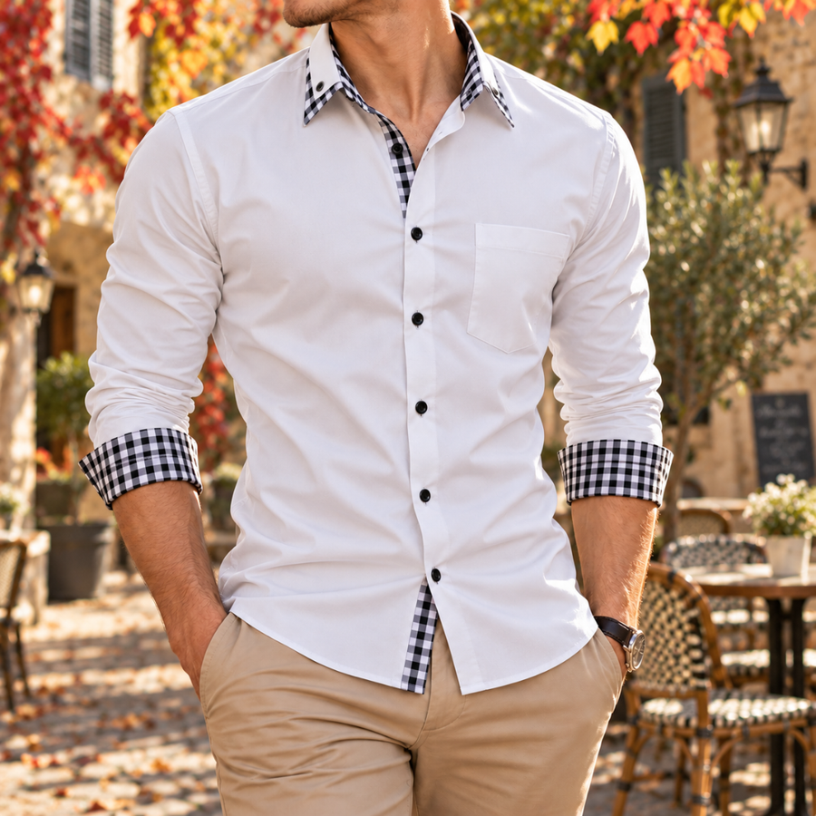 Camicia uomo bianca con colletto e polsini a quadretti a contrasto, bottoni neri