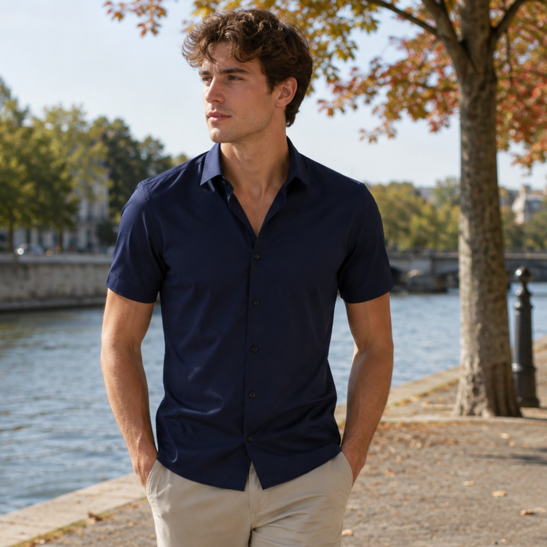 Camicia uomo blu navy a maniche corte con orlo arrotondato e colletto classico