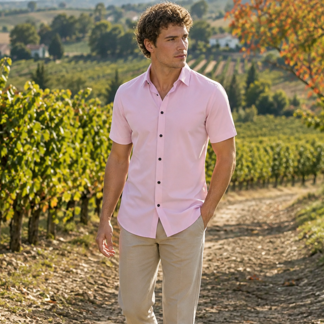 Camicia uomo rosa a maniche corte in tinta unita con abbottonatura a vista