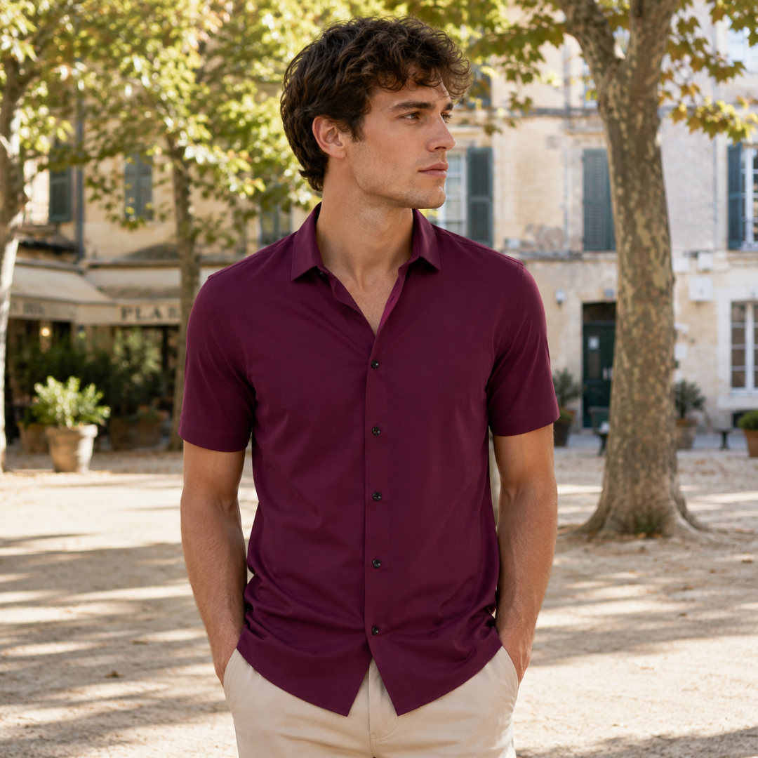 Camicia uomo maniche corte rosso e magenta con colletto classico e bottoni scuri