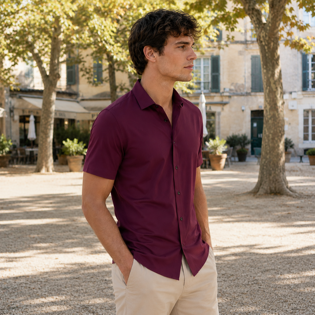 Camicia uomo rosso e magenta in tinta unita con orlo inferiore arrotondato